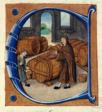 Miniatura medieval de monjos amb bótes de vi
