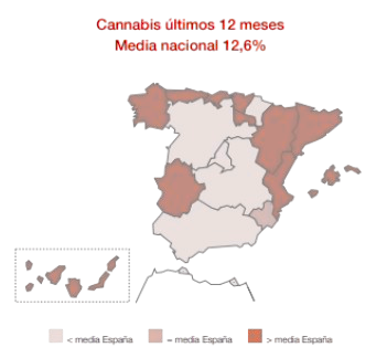 Mapa d'Espanya amb el consum de cànnabis els últims 12 mesos